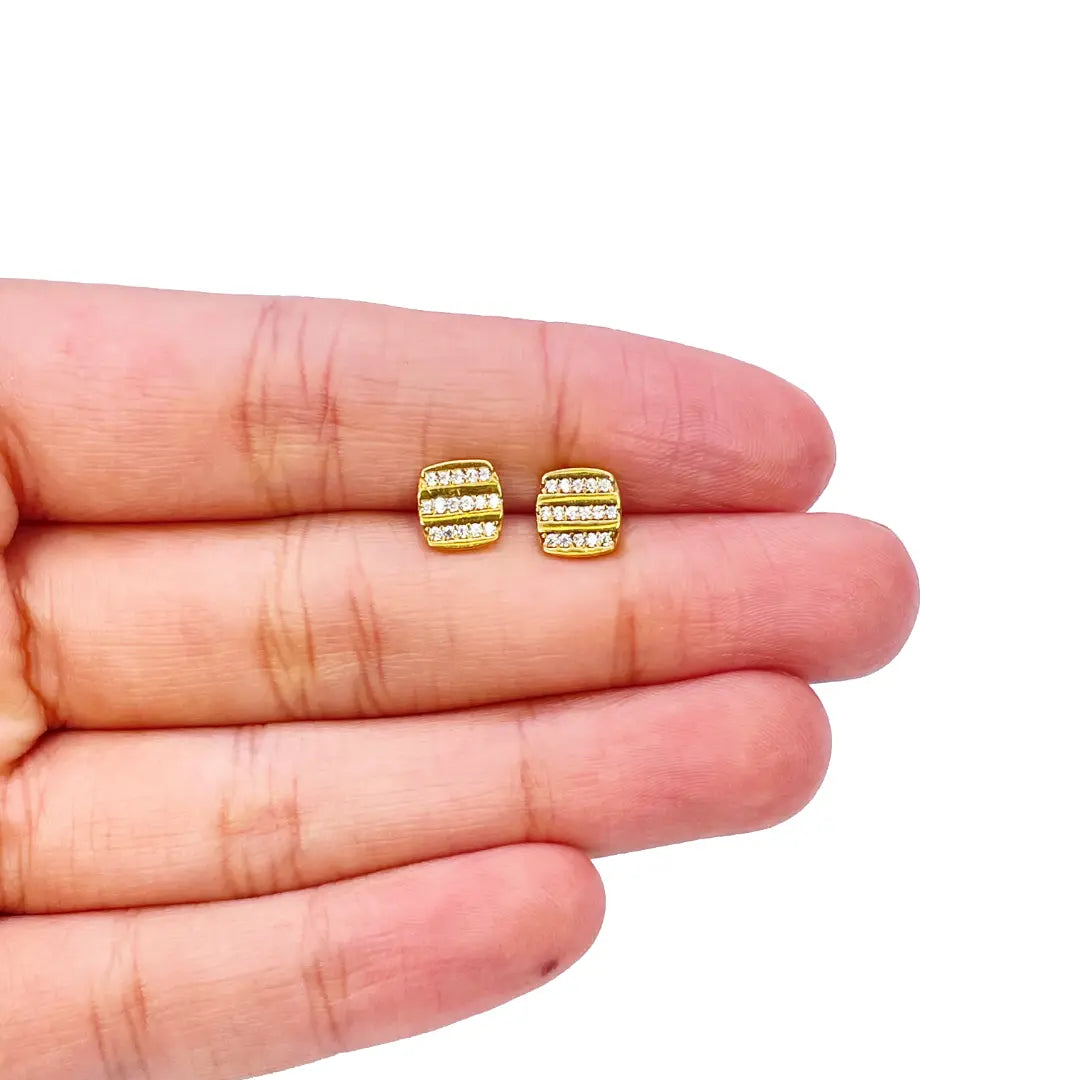 22ct Yellow Gold Square Three Row Cubic Zirconia Button Earrings Set 7mm Length  Gold earring