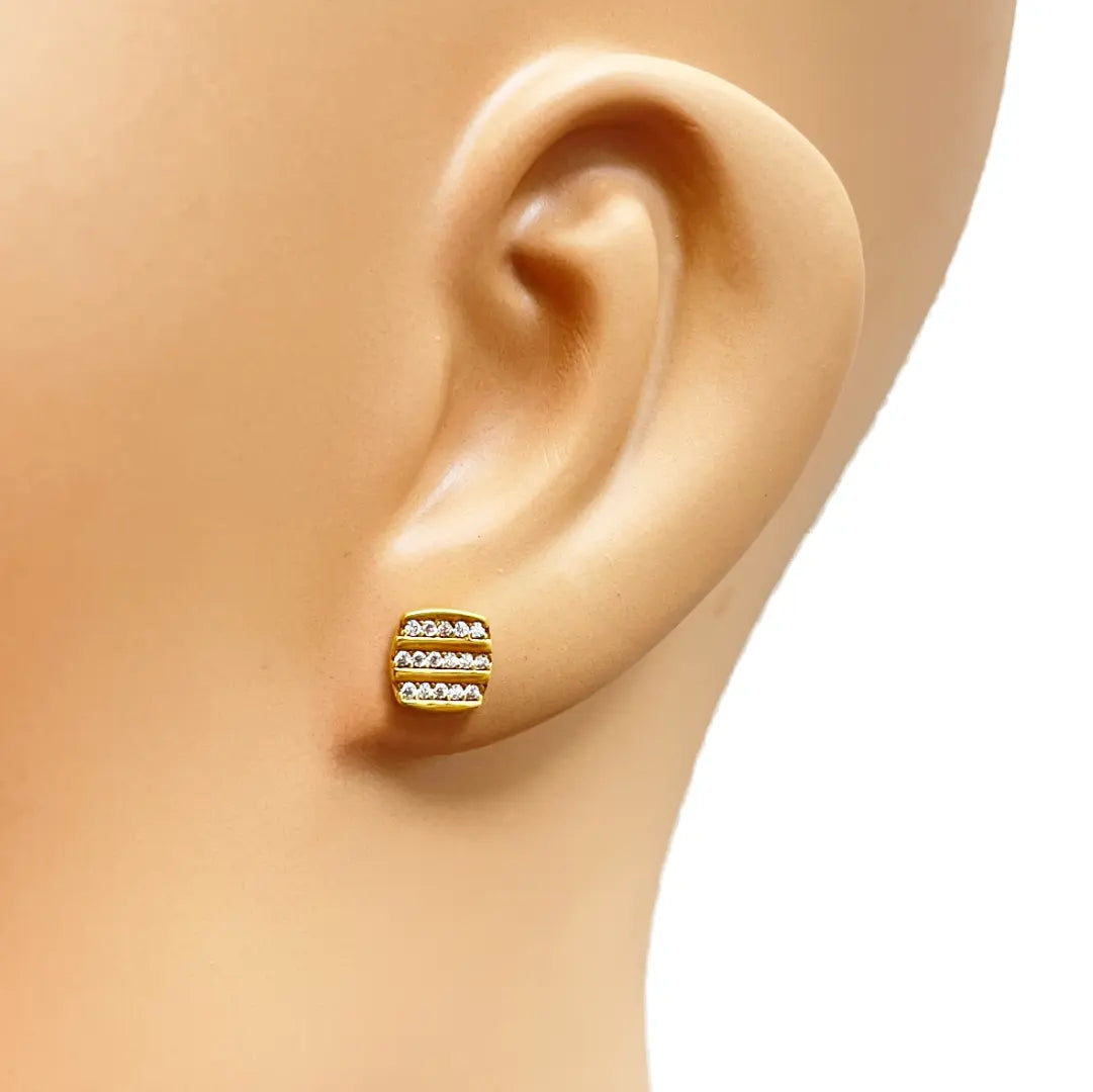 22ct Yellow Gold Square Three Row Cubic Zirconia Button Earrings Set 7mm Length  Gold earring
