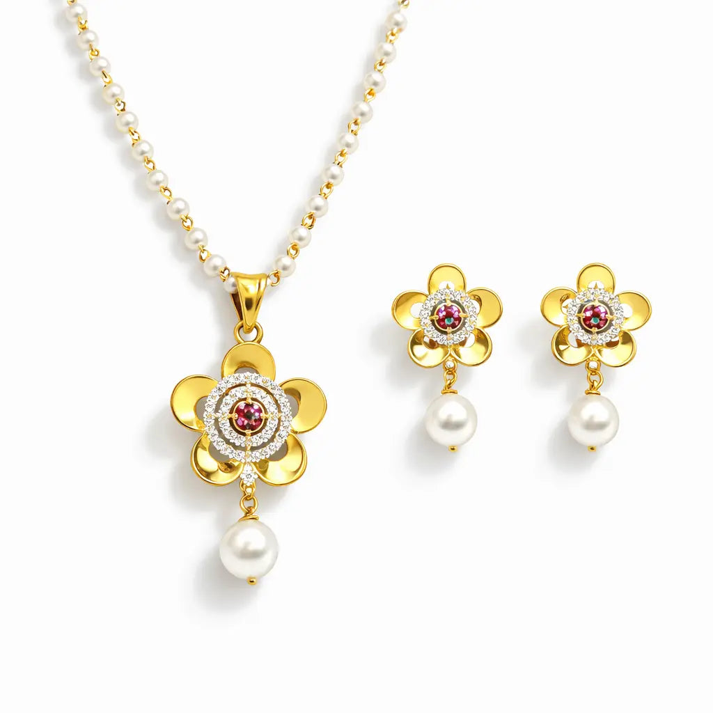 22ct Yellow Gold Swarovski Crystal Pearl With Cubic Zirconia Chain Necklace & Earrings  Gold Necklace