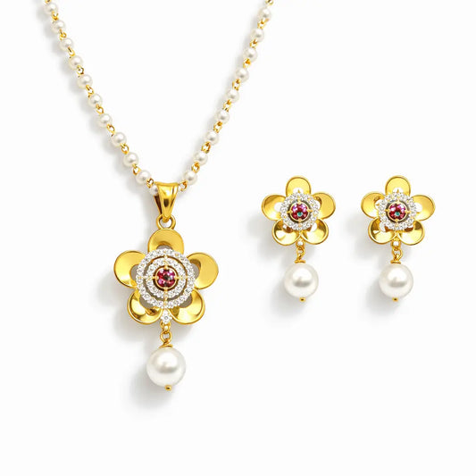 22ct Yellow Gold Swarovski Crystal Pearl With Cubic Zirconia Chain Necklace & Earrings  Gold Necklace