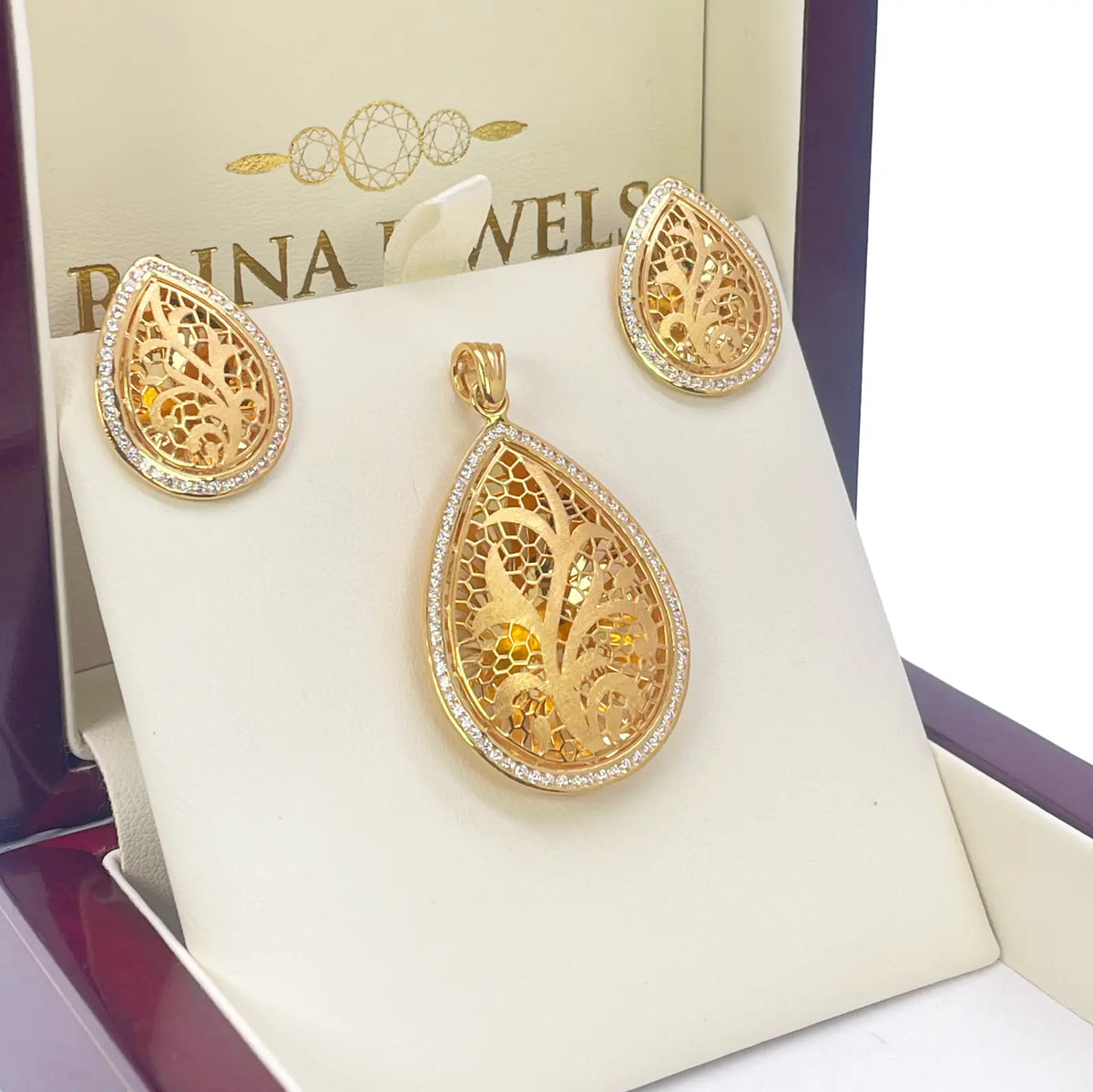 22ct Yellow Gold Teardrop Floral Dome Halo Pendant and Teardrop Earrings Set 
