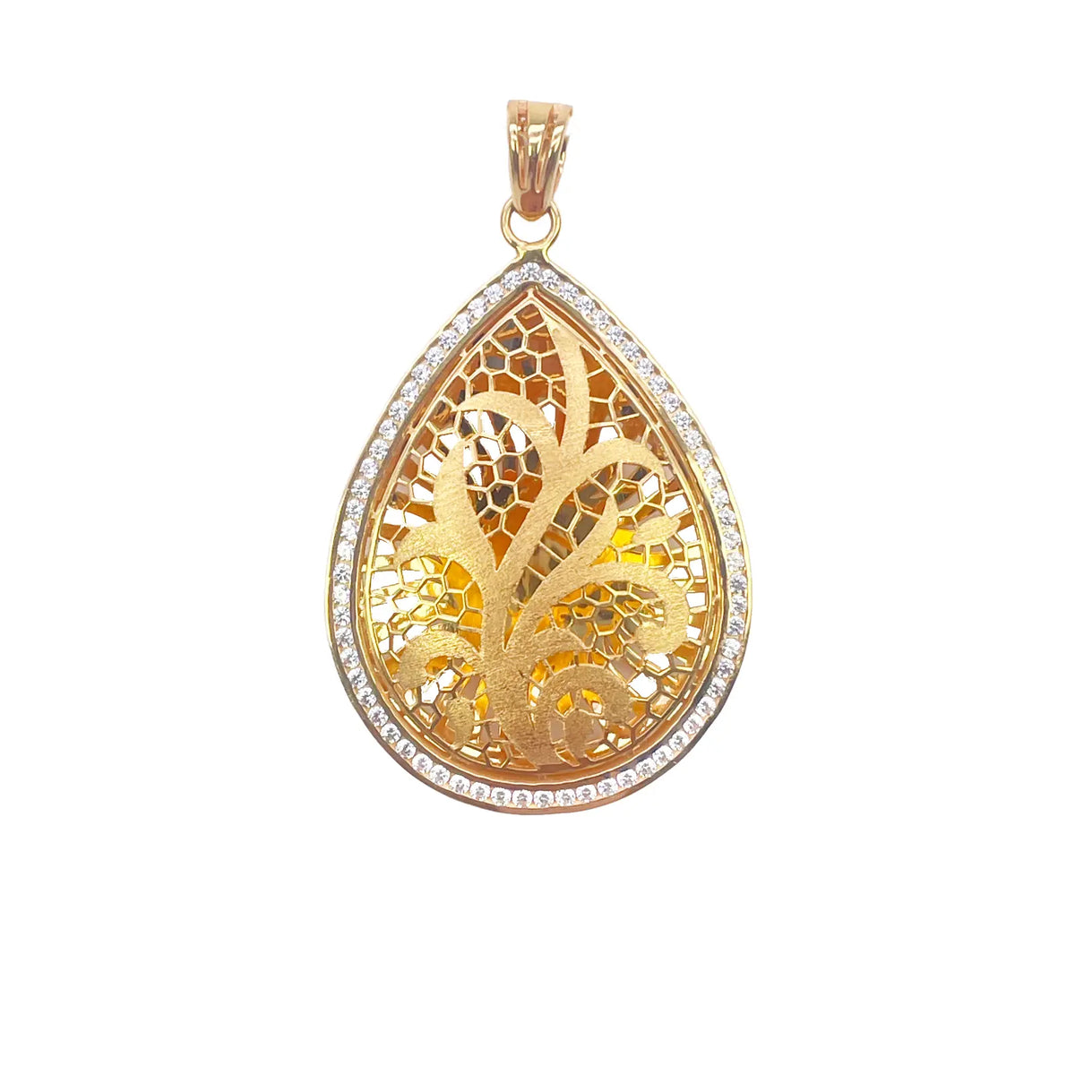 22ct Yellow Gold Teardrop Floral Dome Halo Pendant and Teardrop Earrings Set 