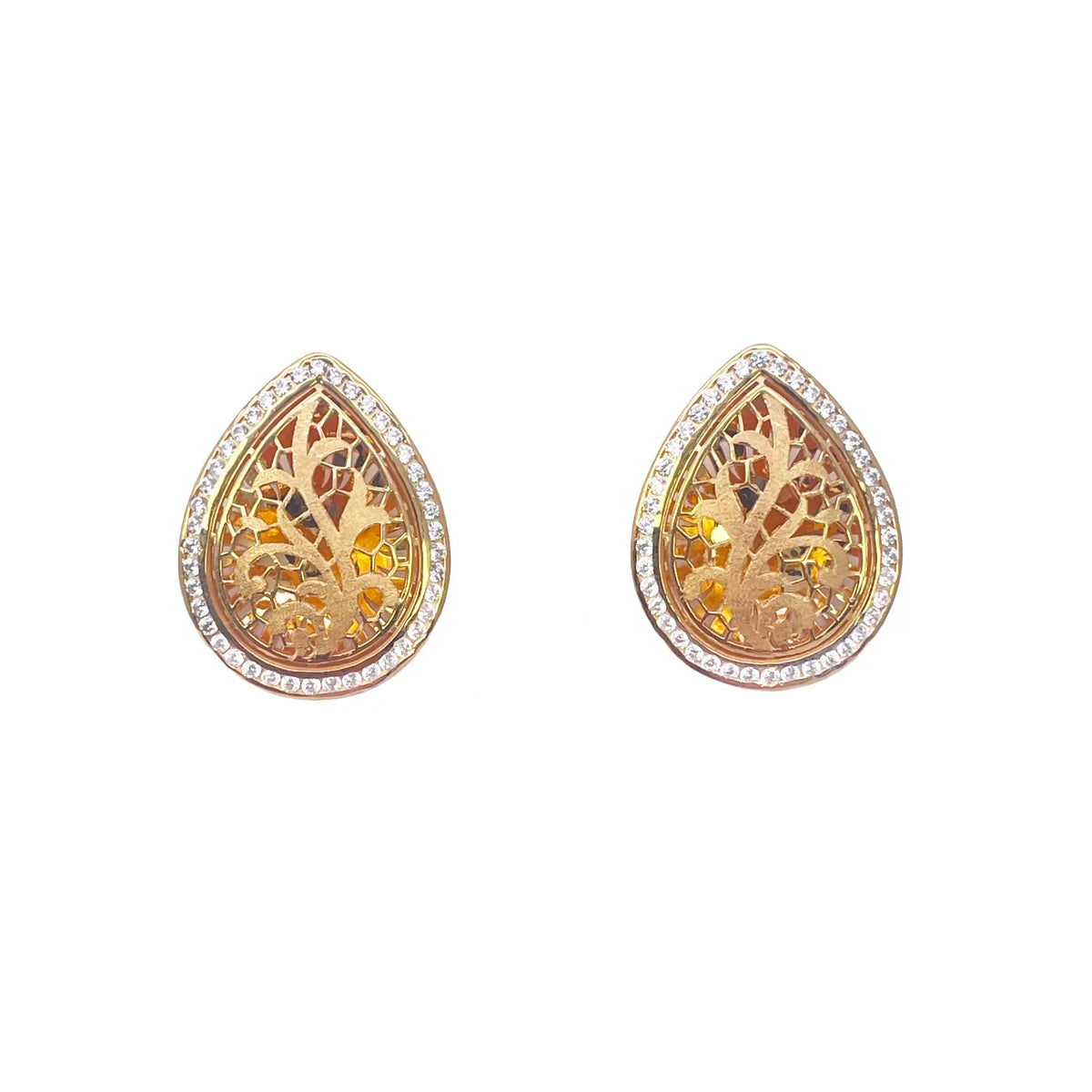 22ct Yellow Gold Teardrop Floral Dome Halo Pendant and Teardrop Earrings Set 