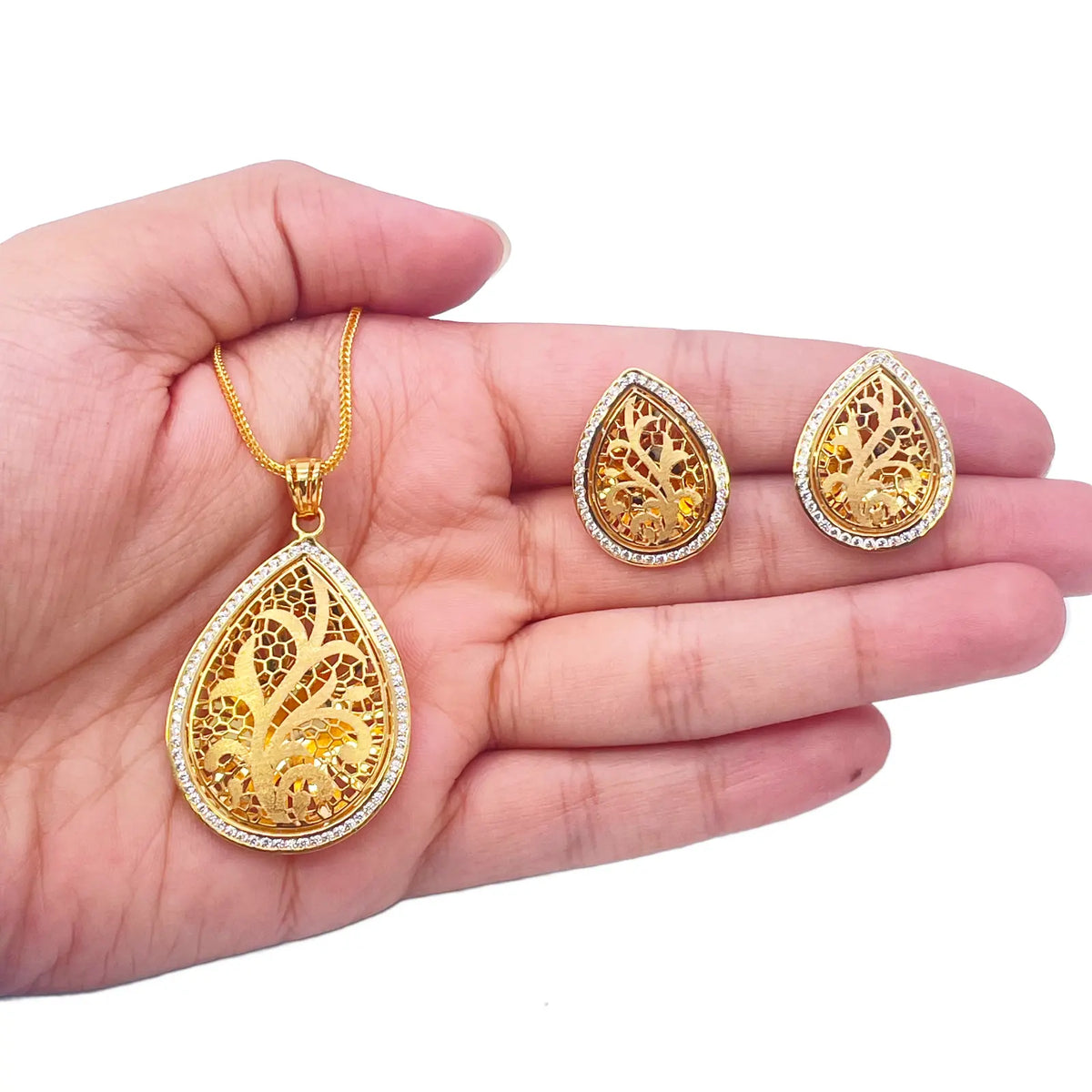 22ct Yellow Gold Teardrop Floral Dome Halo Pendant and Teardrop Earrings Set 