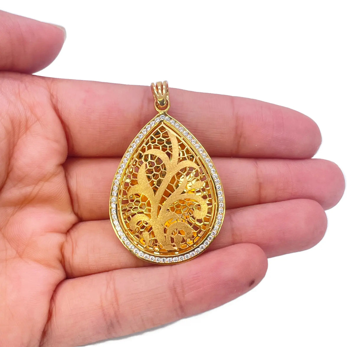 22ct Yellow Gold Teardrop Floral Dome Halo Pendant and Teardrop Earrings Set 