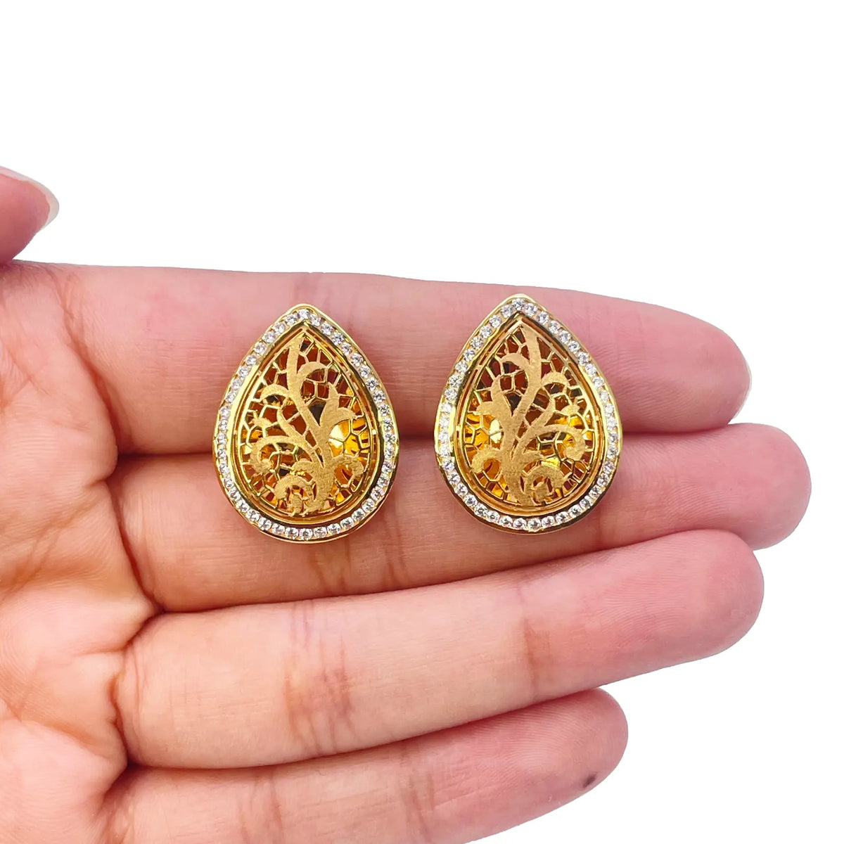 22ct Yellow Gold Teardrop Floral Dome Halo Pendant and Teardrop Earrings Set 