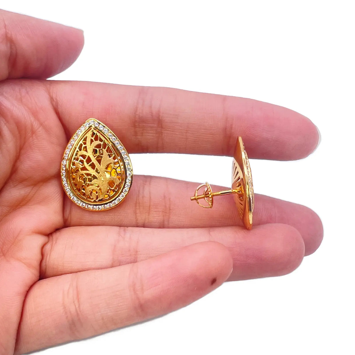 22ct Yellow Gold Teardrop Floral Dome Halo Pendant and Teardrop Earrings Set 