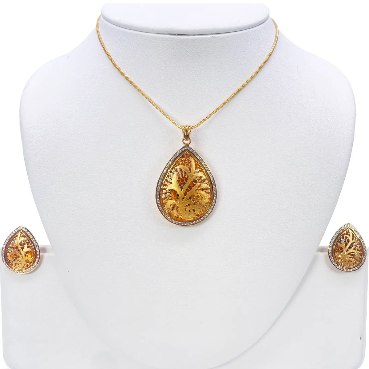 22ct Yellow Gold Teardrop Floral Dome Halo Pendant and Teardrop Earrings Set 