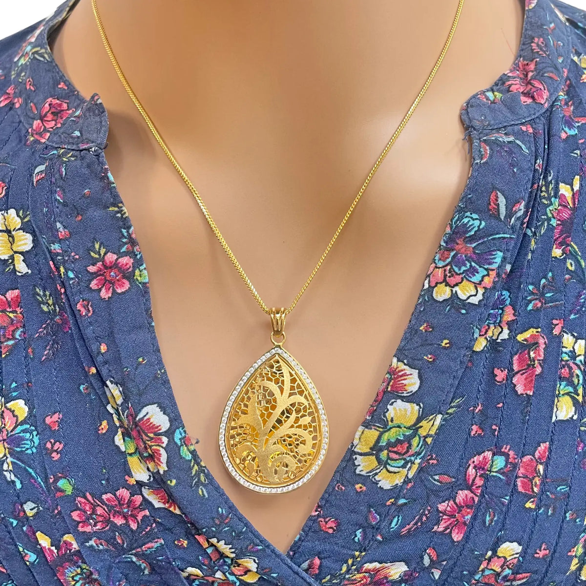 22ct Yellow Gold Teardrop Floral Dome Halo Pendant and Teardrop Earrings Set 
