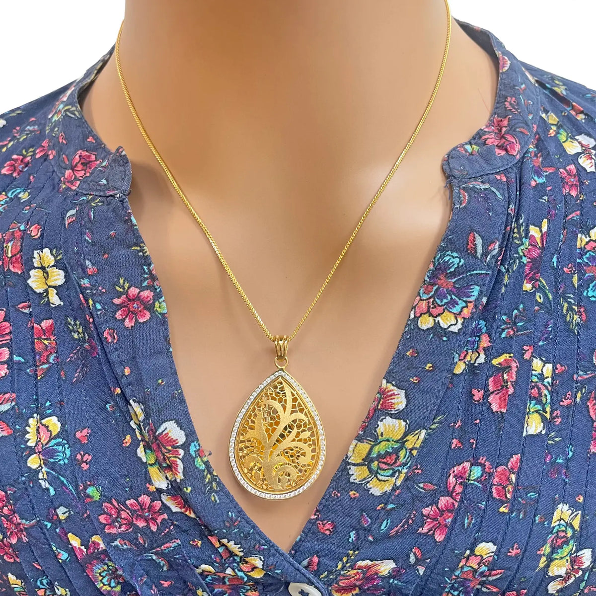 22ct Yellow Gold Teardrop Floral Dome Halo Pendant and Teardrop Earrings Set 