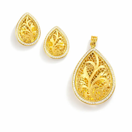 22ct Yellow Gold Teardrop Floral Dome Halo Pendant and Teardrop Earrings Set  Gold Pendant