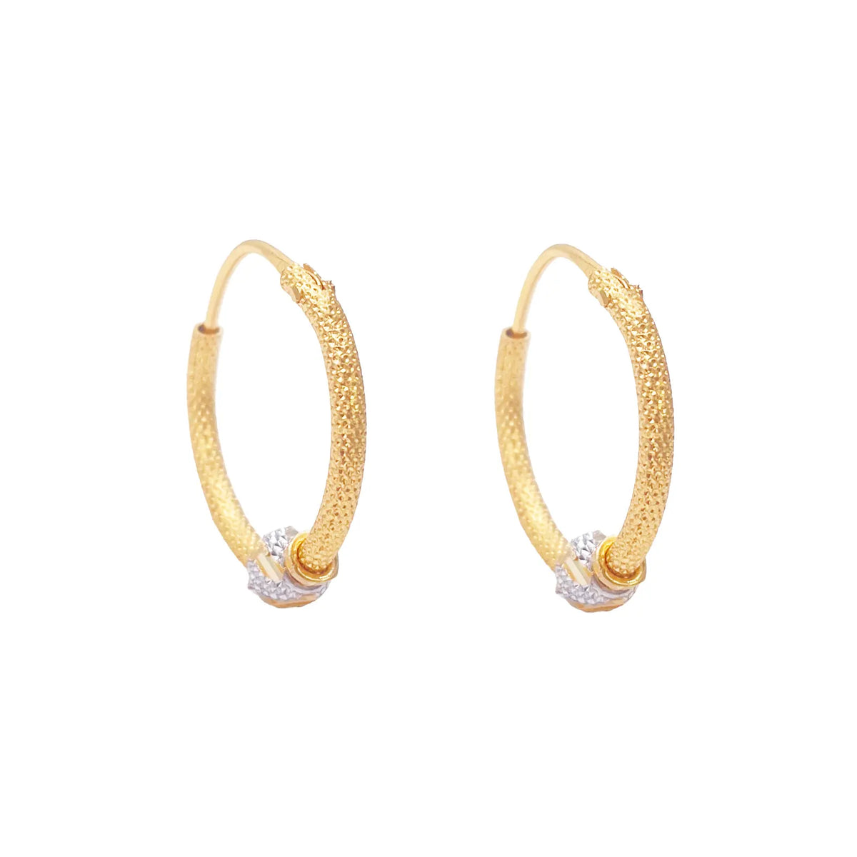 22ct Yellow Gold Textured Two-Tone Beaded Hoop Huggie Earrings 14mm Diameter  Gold earring