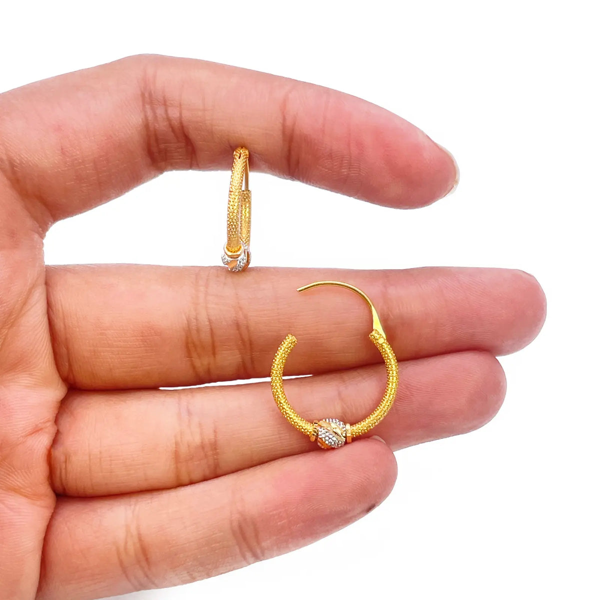 22ct Yellow Gold Textured Two-Tone Beaded Hoop Huggie Earrings 14mm Diameter  Gold earring