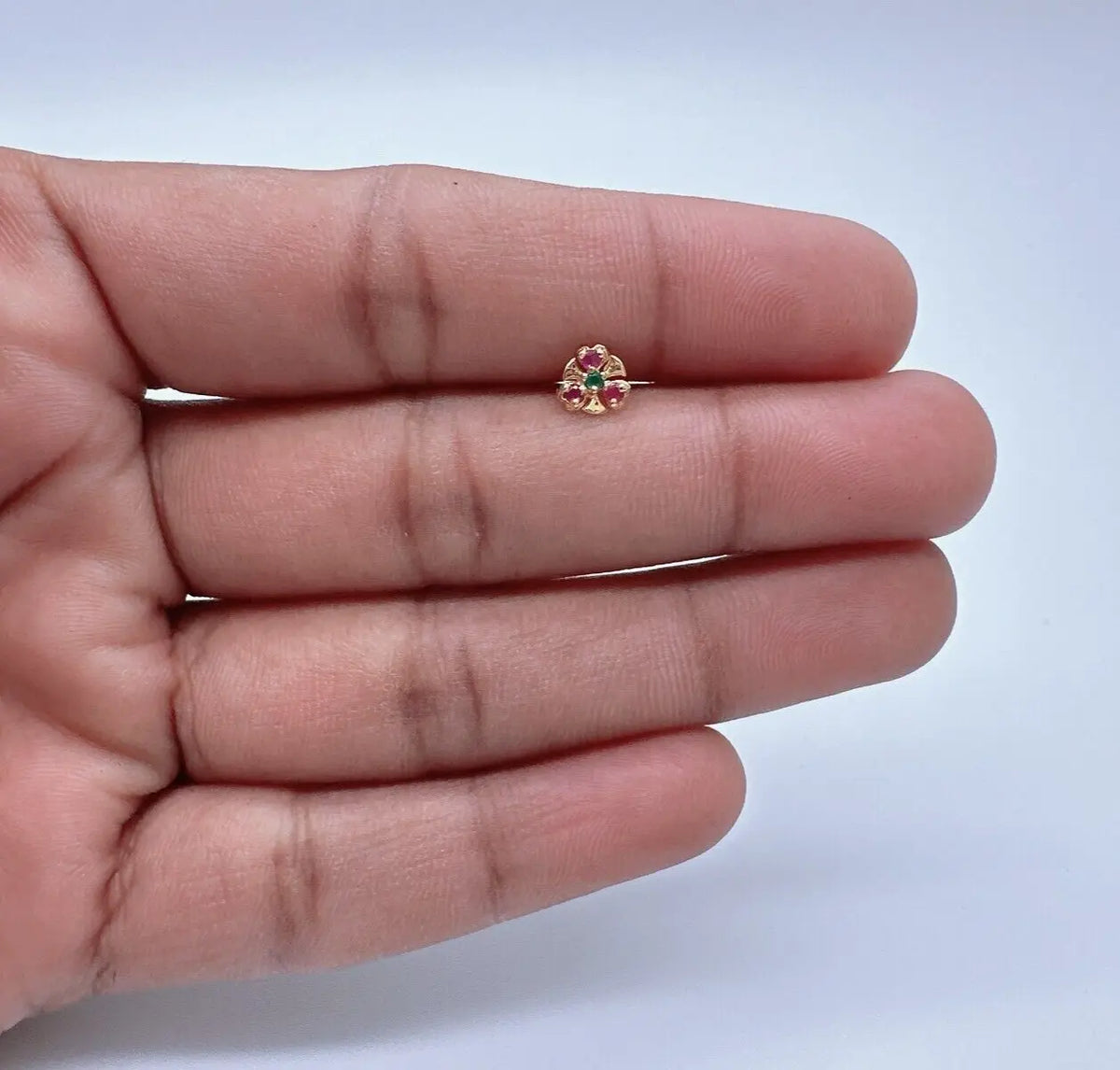 22ct Yellow Gold Three Stone Ruby & Emerald Nose Stud/Nose Pin/Nose Piercings 