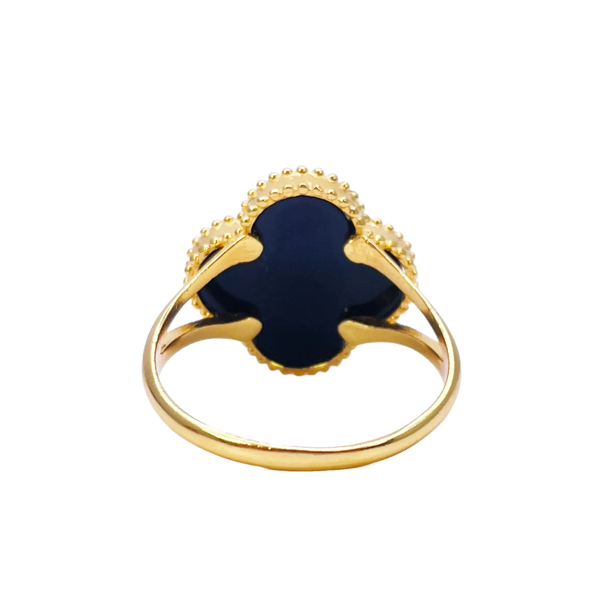 22ct Yellow Gold Trendy Black Onyx Leaf Split Shank Ring 