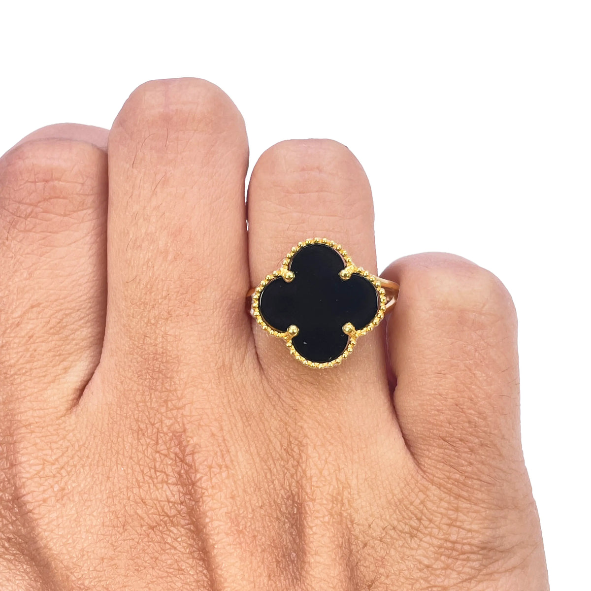 22ct Yellow Gold Trendy Black Onyx Leaf Split Shank Ring 