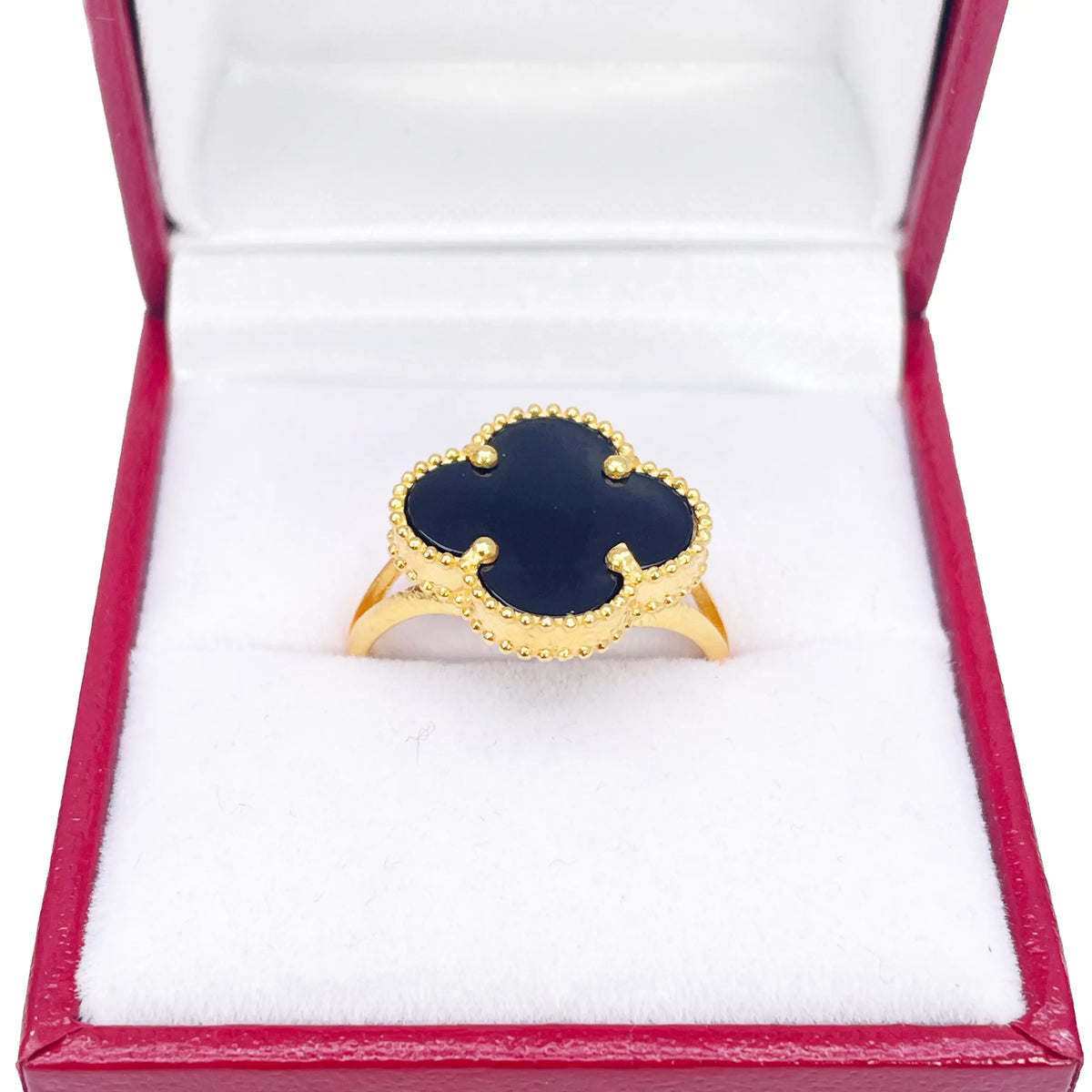 22ct Yellow Gold Trendy Black Onyx Leaf Split Shank Ring 