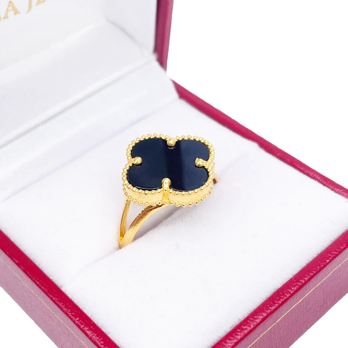 22ct Yellow Gold Trendy Black Onyx Leaf Split Shank Ring 
