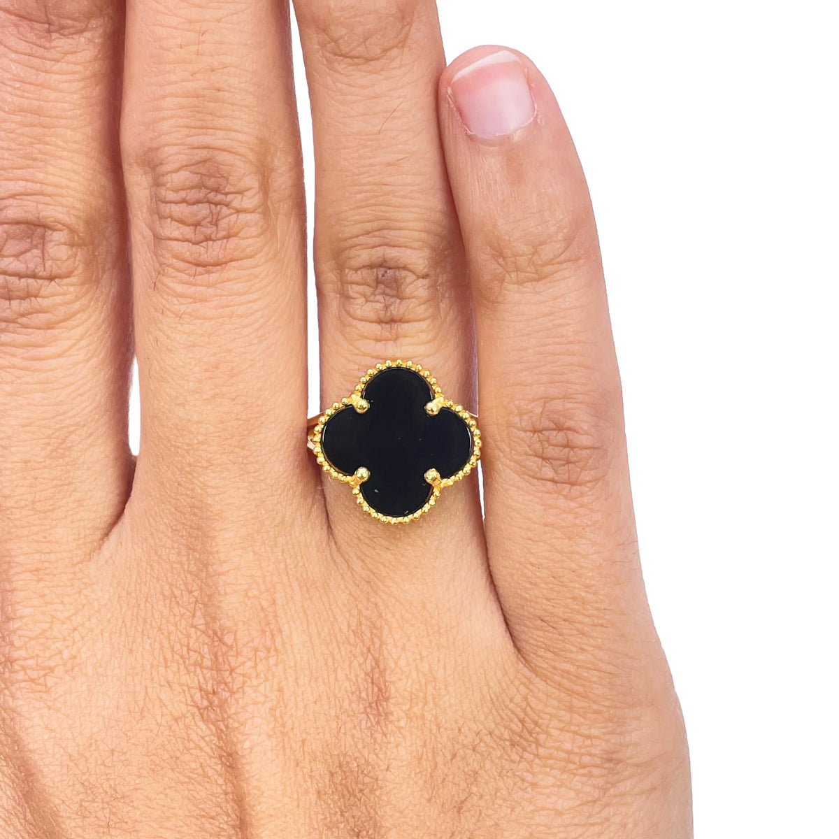 22ct Yellow Gold Trendy Black Onyx Leaf Split Shank Ring 