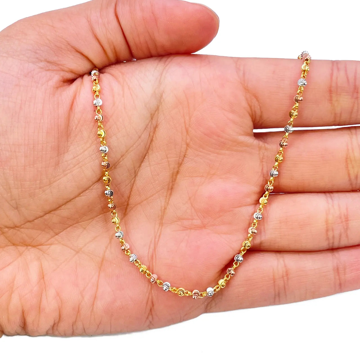 22ct Yellow Gold Tri-Colour Diamond Cut Ball Beaded Necklace 18 Inches 2.3 Width 