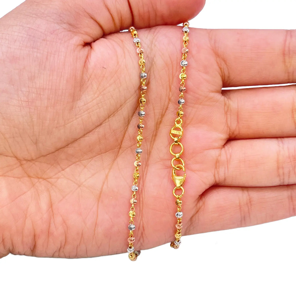 22ct Yellow Gold Tri-Colour Diamond Cut Ball Beaded Necklace 18 Inches 2.3 Width 