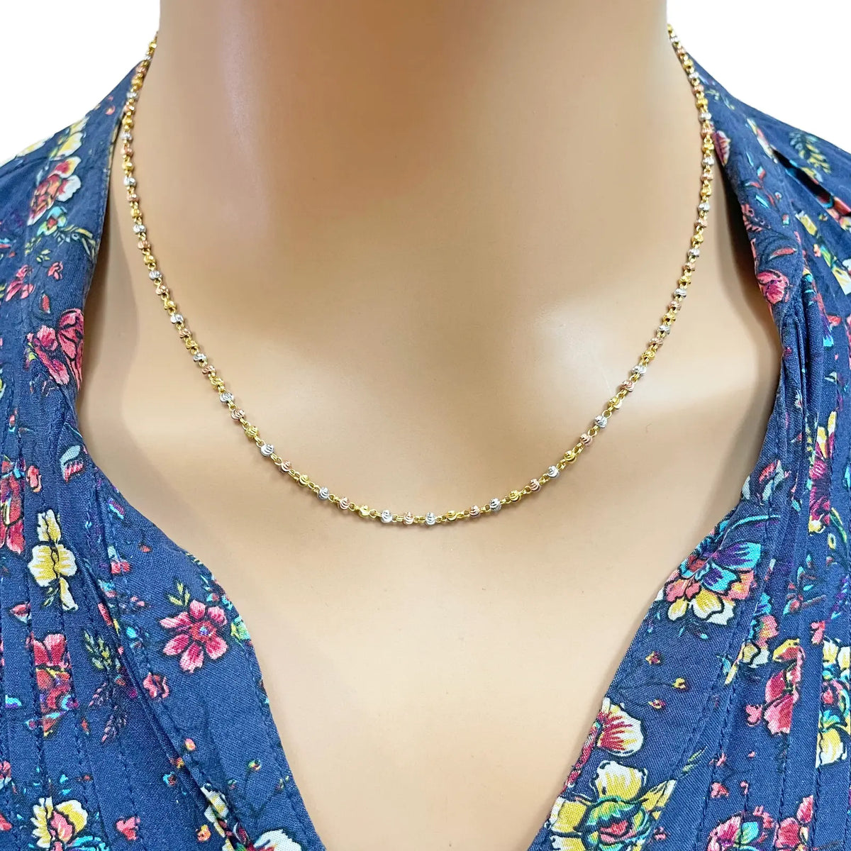 22ct Yellow Gold Tri-Colour Diamond Cut Ball Beaded Necklace 18 Inches 2.3 Width 