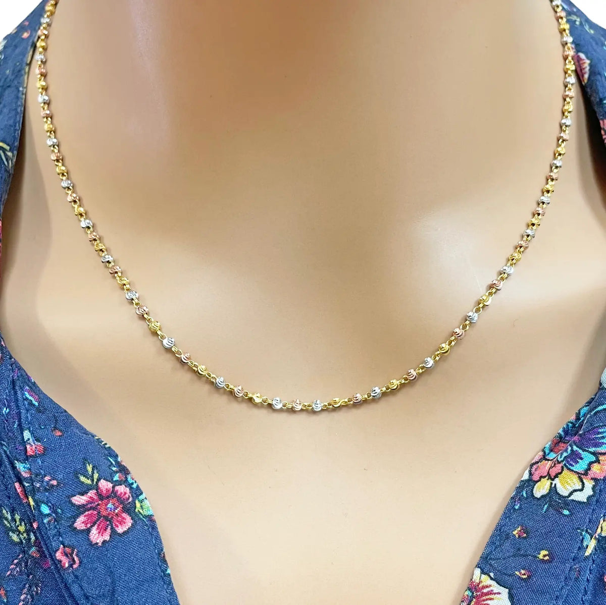22ct Yellow Gold Tri-Colour Diamond Cut Ball Beaded Necklace 18 Inches 2.3 Width 