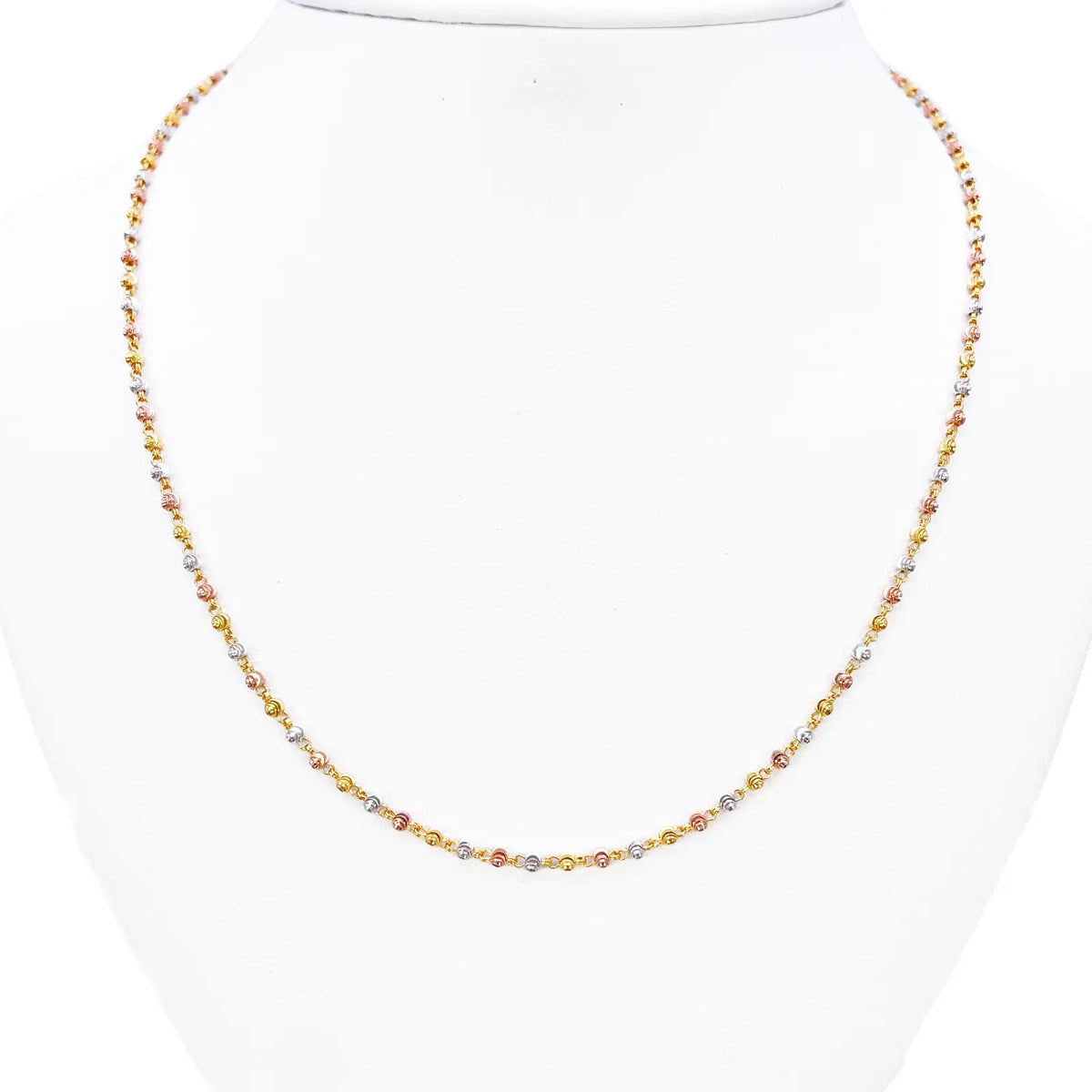 22ct Yellow Gold Tri-Colour Diamond Cut Ball Beaded Necklace 22 Inches 2.3 Width 