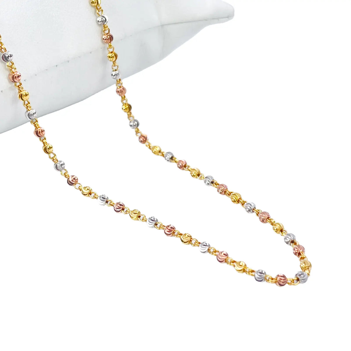 22ct Yellow Gold Tri-Colour Diamond Cut Ball Beaded Necklace 22 Inches 2.3 Width 