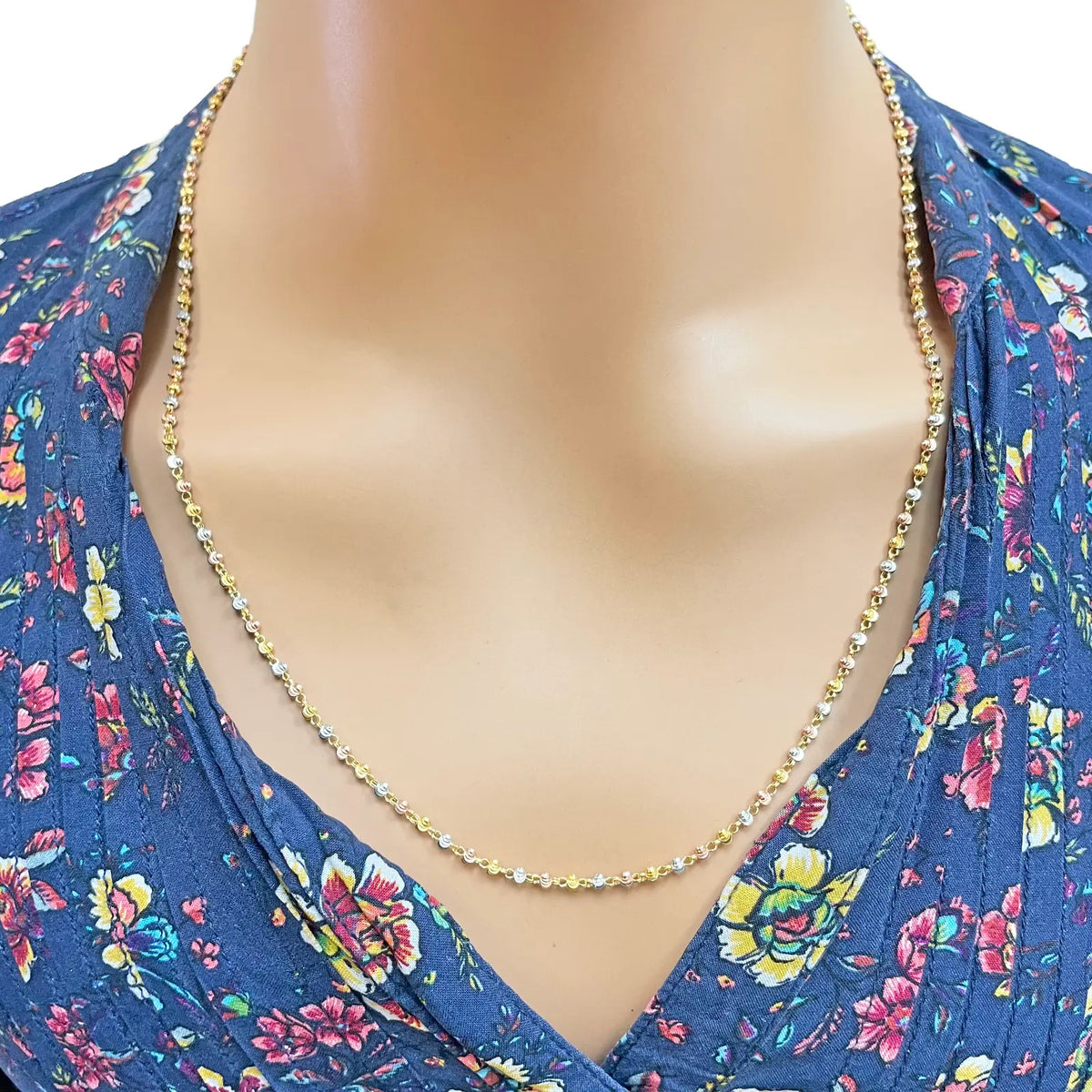 22ct Yellow Gold Tri-Colour Diamond Cut Ball Beaded Necklace 22 Inches 2.3 Width 