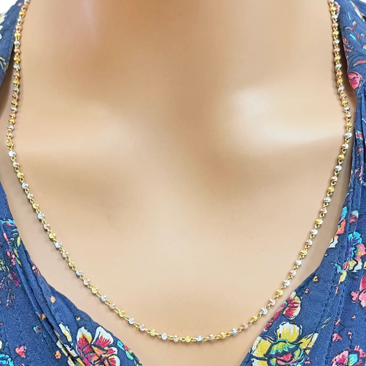 22ct Yellow Gold Tri-Colour Diamond Cut Ball Beaded Necklace 22 Inches 2.3 Width 