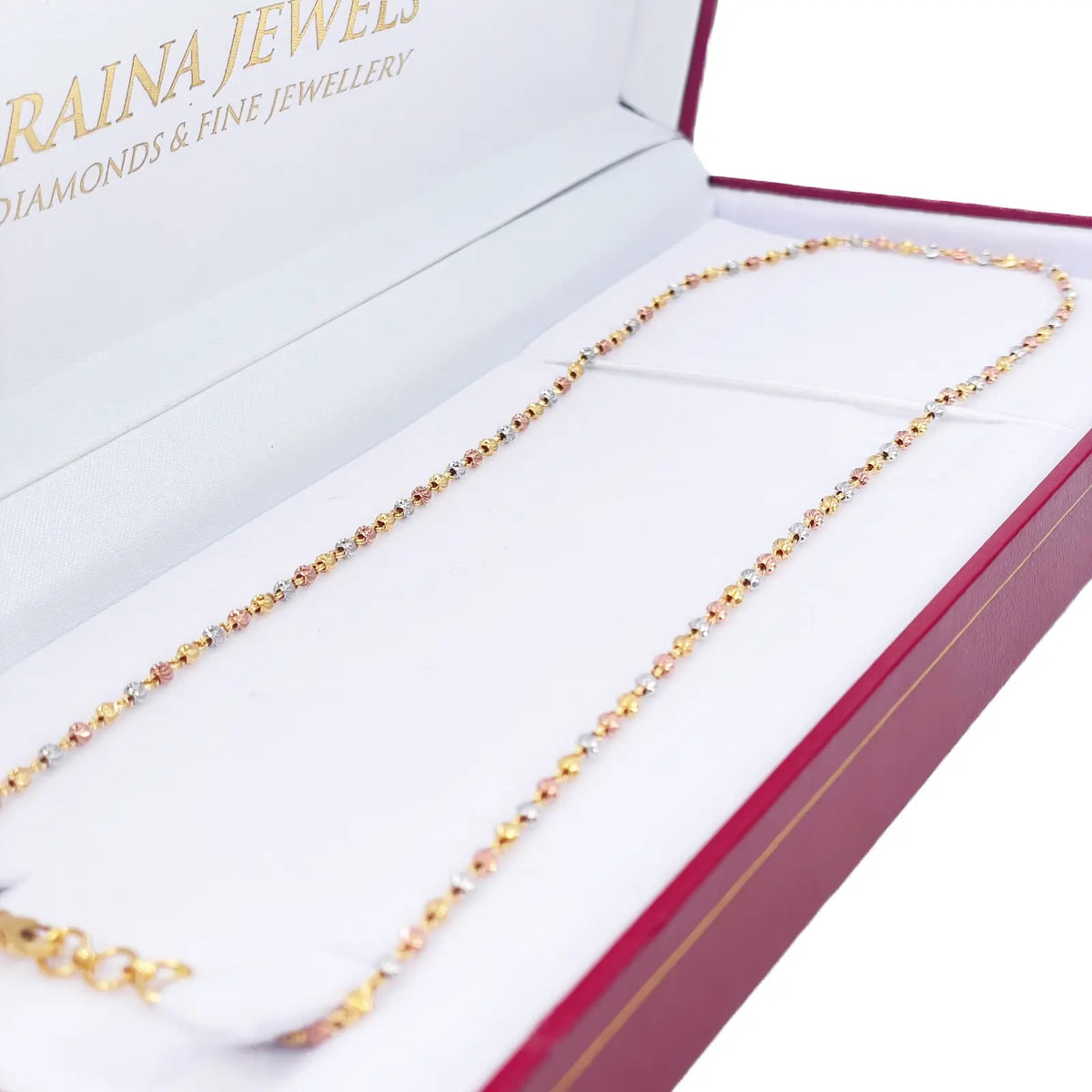 22ct Yellow Gold Tri-Colour Diamond Cut Ball Beaded Necklace 22 Inches 2.3 Width 