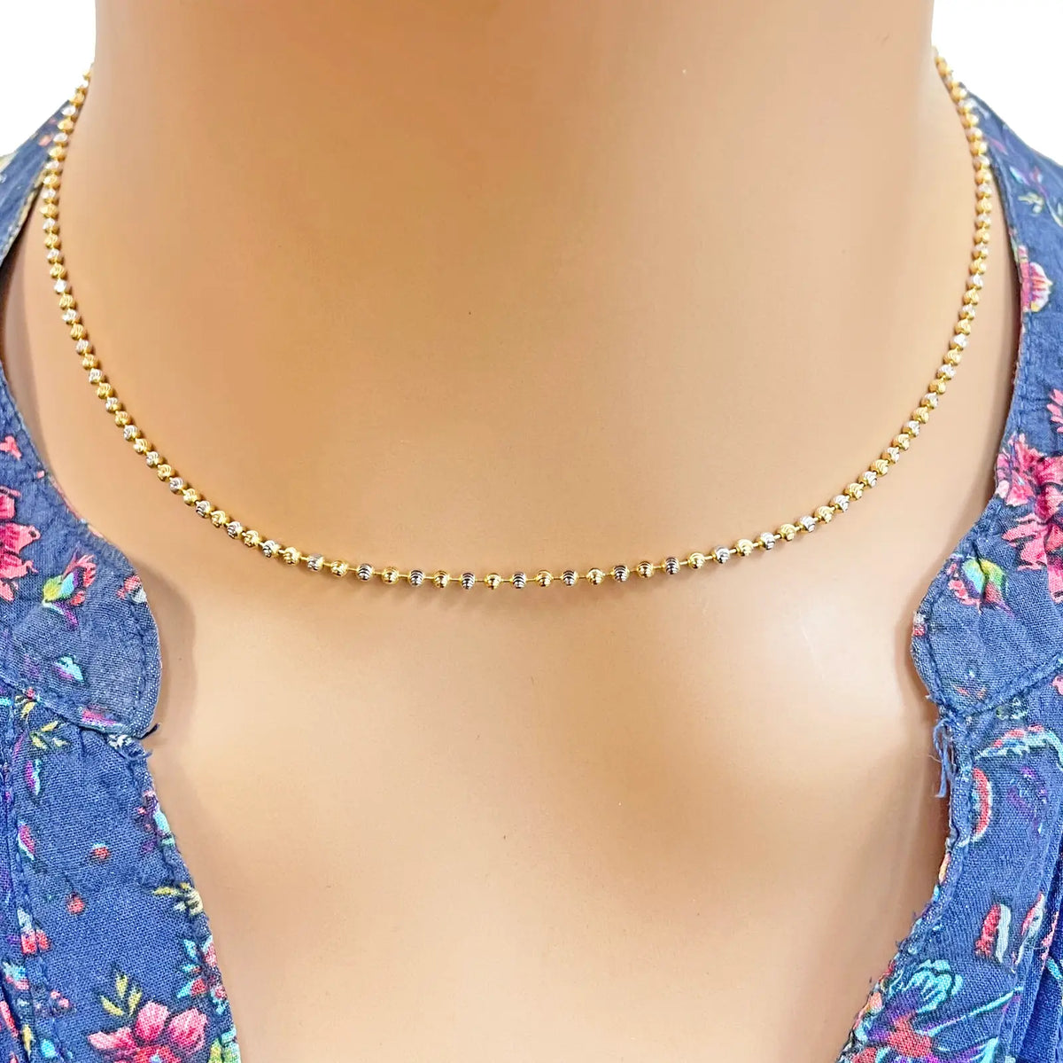 22ct Yellow Gold Two-Tone Diamond-Cut Ball Beaded Chain Necklace 1.9mm  Gold Necklcae