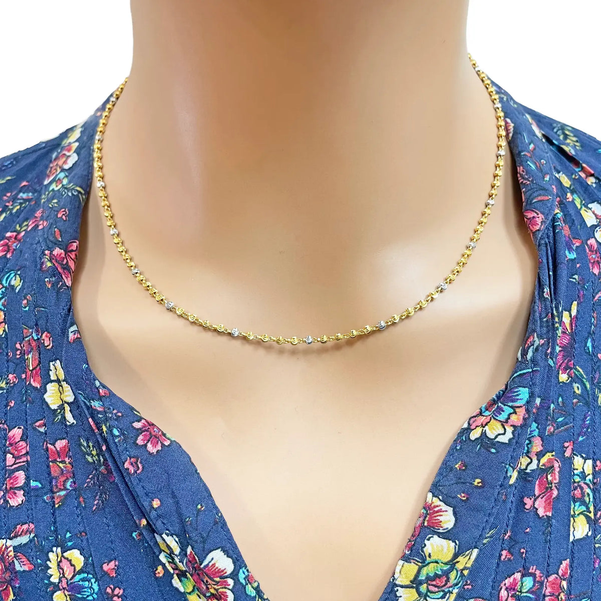 22ct Yellow Gold Two-Tone Diamond Cut Ball Beaded Necklace 18 Inches 2.3 Width 