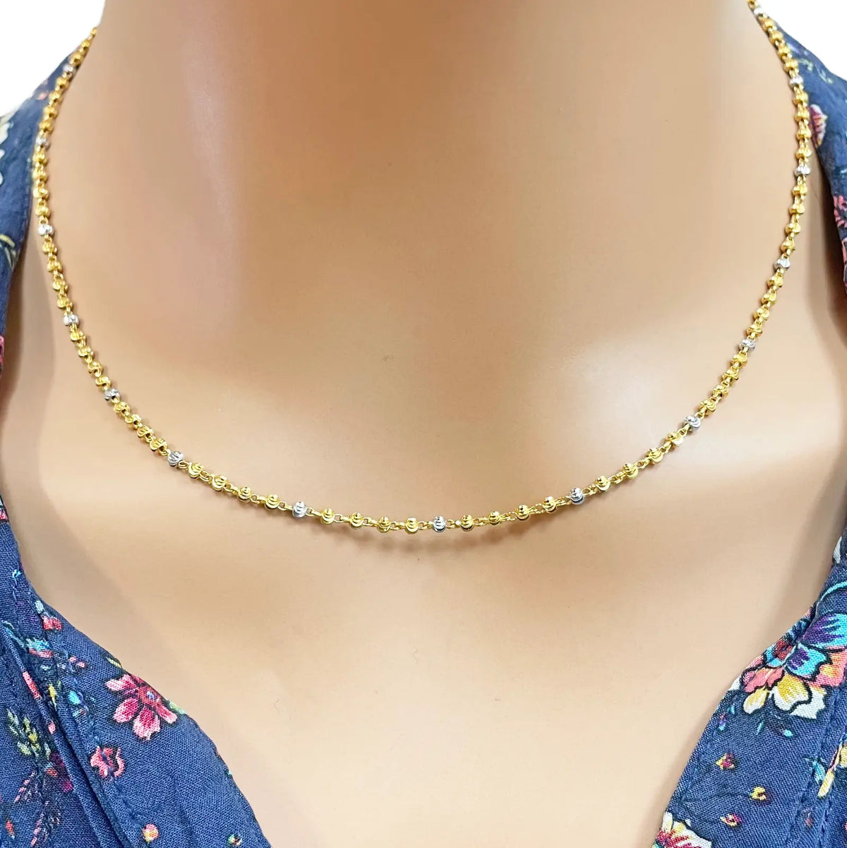 22ct Yellow Gold Two-Tone Diamond Cut Ball Beaded Necklace 18 Inches 2.3 Width 