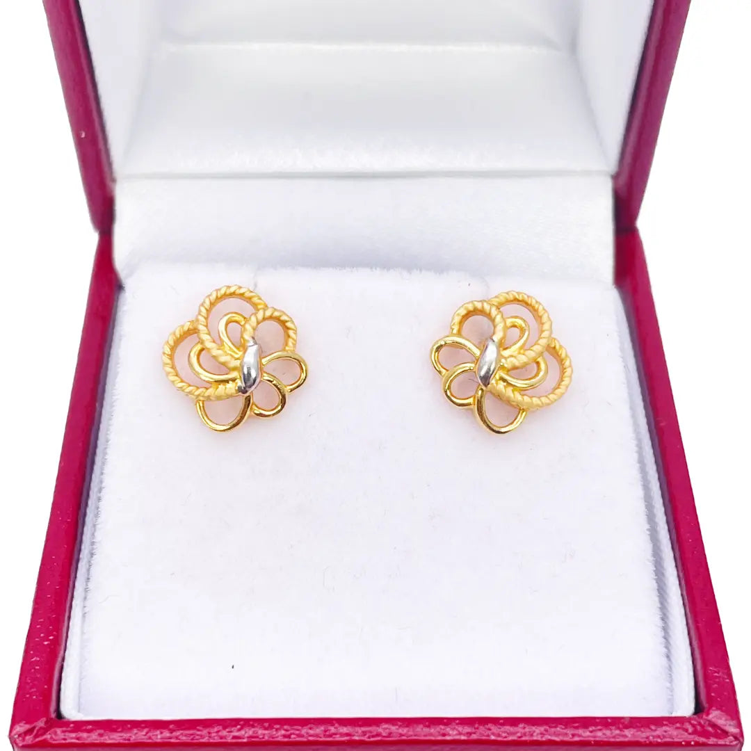 22ct Yellow Gold Two-Tone Floral Textured Design Ladies Stud Earrings 9.7mm  Gold earring