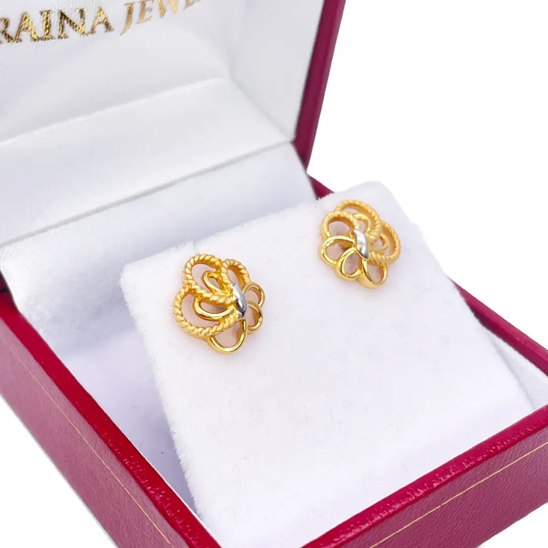 22ct Yellow Gold Two-Tone Floral Textured Design Ladies Stud Earrings 9.7mm  Gold earring