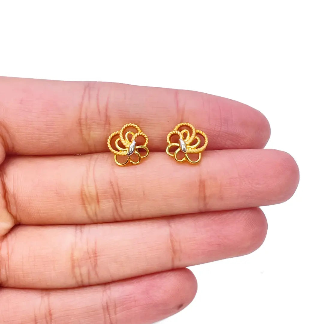 22ct Yellow Gold Two-Tone Floral Textured Design Ladies Stud Earrings 9.7mm  Gold earring