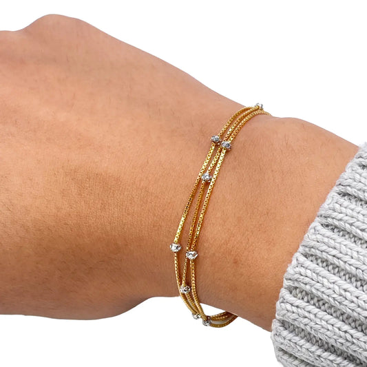 22ct Yellow Gold Two-Tone Triple Chain Layered With Diamond Cut Beads Bracelet 