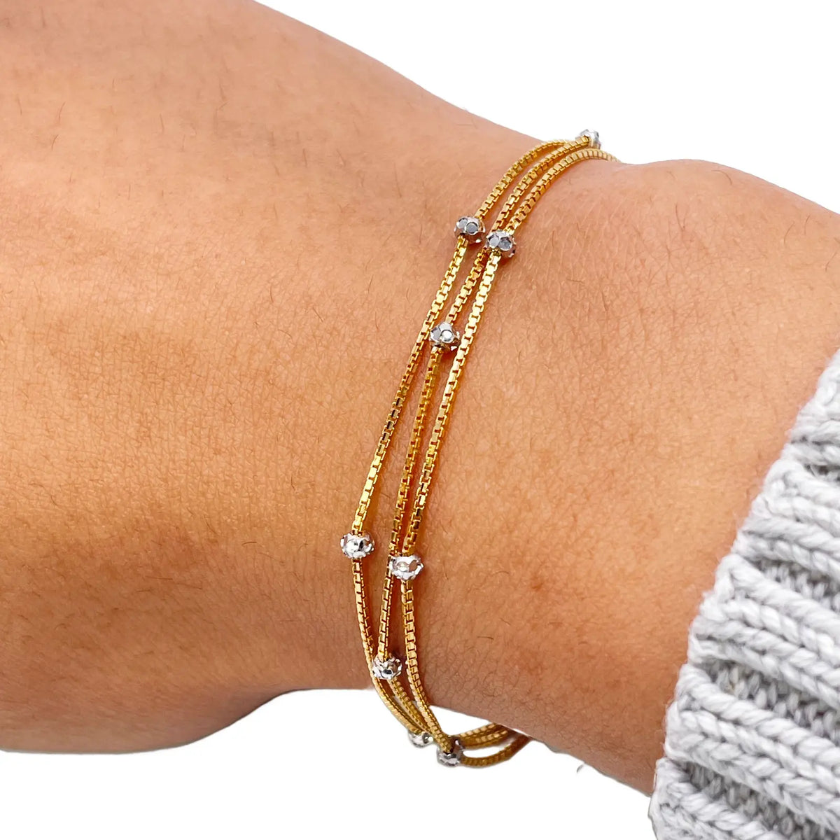 22ct Yellow Gold Two-Tone Triple Chain Layered With Diamond Cut Beads Bracelet 