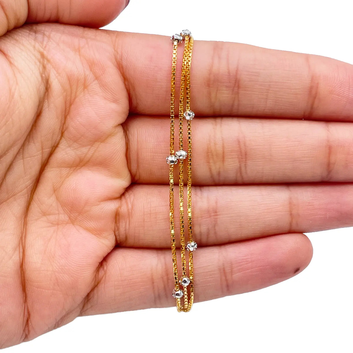 22ct Yellow Gold Two-Tone Triple Chain Layered With Diamond Cut Beads Bracelet 