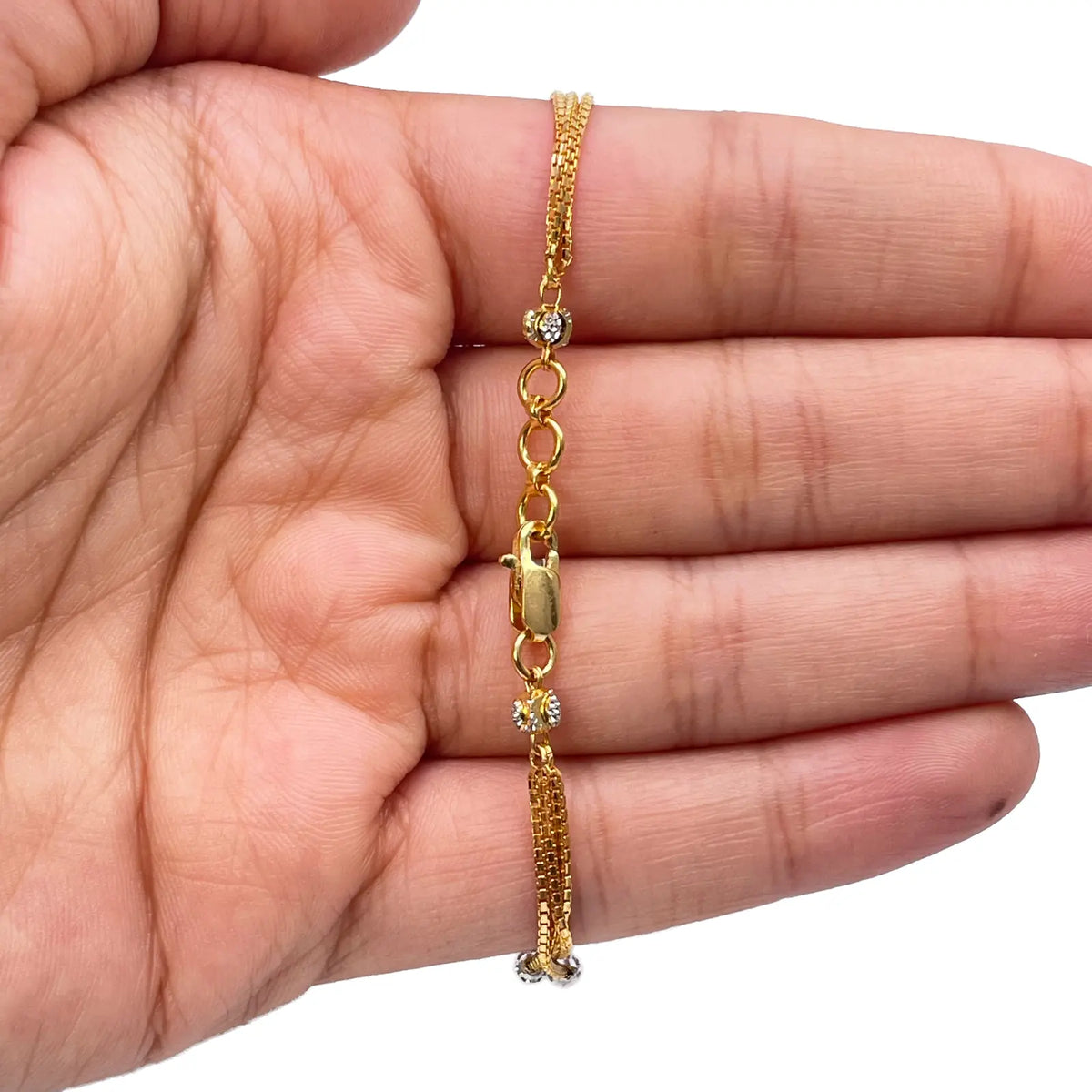 22ct Yellow Gold Two-Tone Triple Chain Layered With Diamond Cut Beads Bracelet 