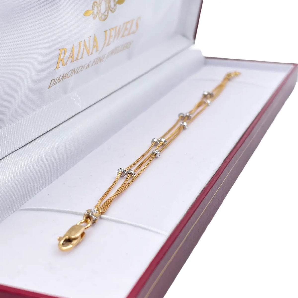 22ct Yellow Gold Two-Tone Triple Chain Layered With Diamond Cut Beads Bracelet 