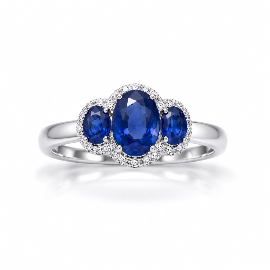 18ct White Gold Sapphire & Diamond Trilogy Halo Ring Oval 1.76ct