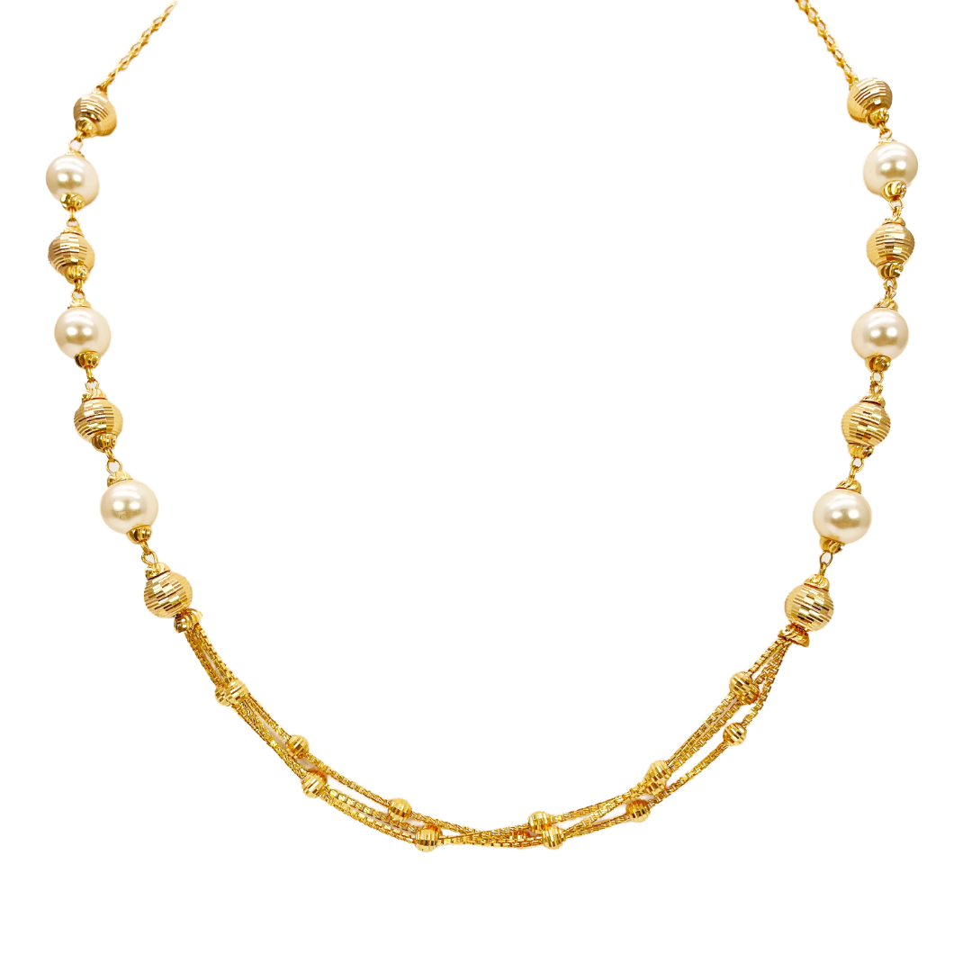 Halsketten- und Ohrring-Set aus 22 Karat Gelbgold mit Perlen und Diamantschliff-Kugeln in Lagenoptik