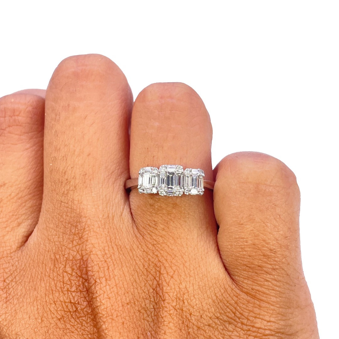18ct White Gold Natural Diamond Round & Baguette Trilogy Cluster Ring 0.58ct
