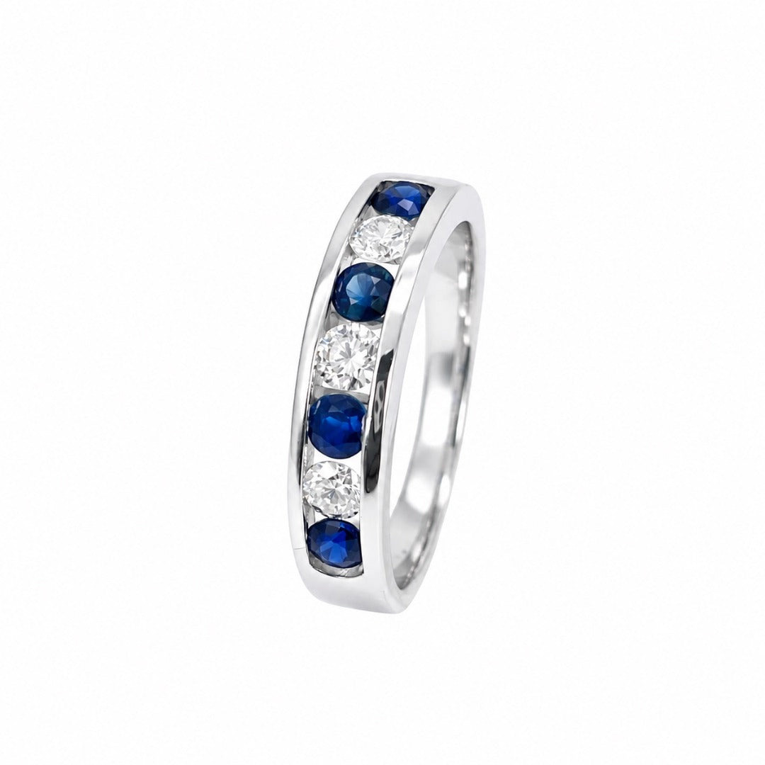 18ct White Gold Diamond & Sapphire 7 Stone Half Eternity Channel Set Ring 0.80ct