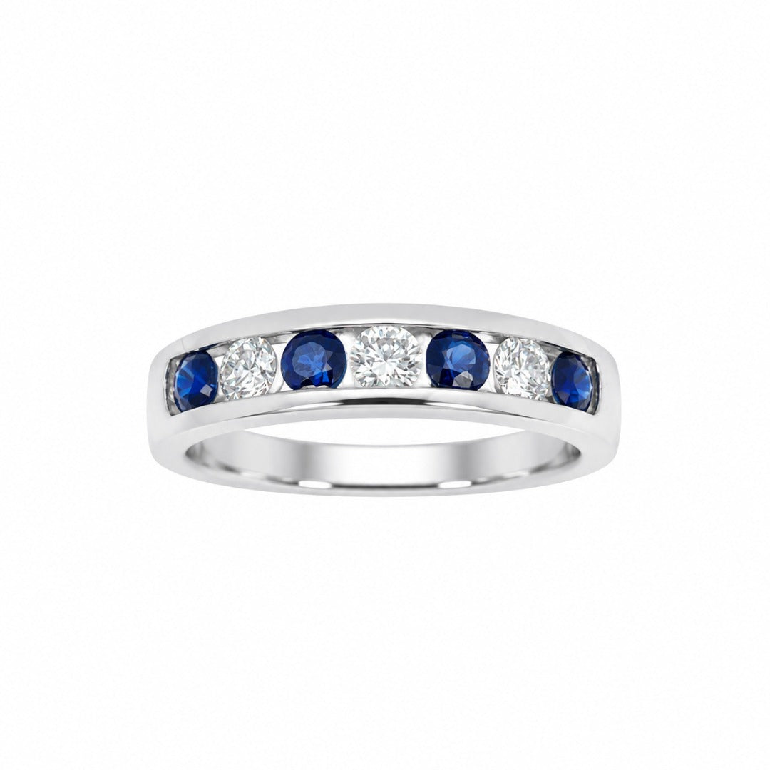 18ct White Gold Diamond & Sapphire 7 Stone Half Eternity Channel Set Ring 0.80ct