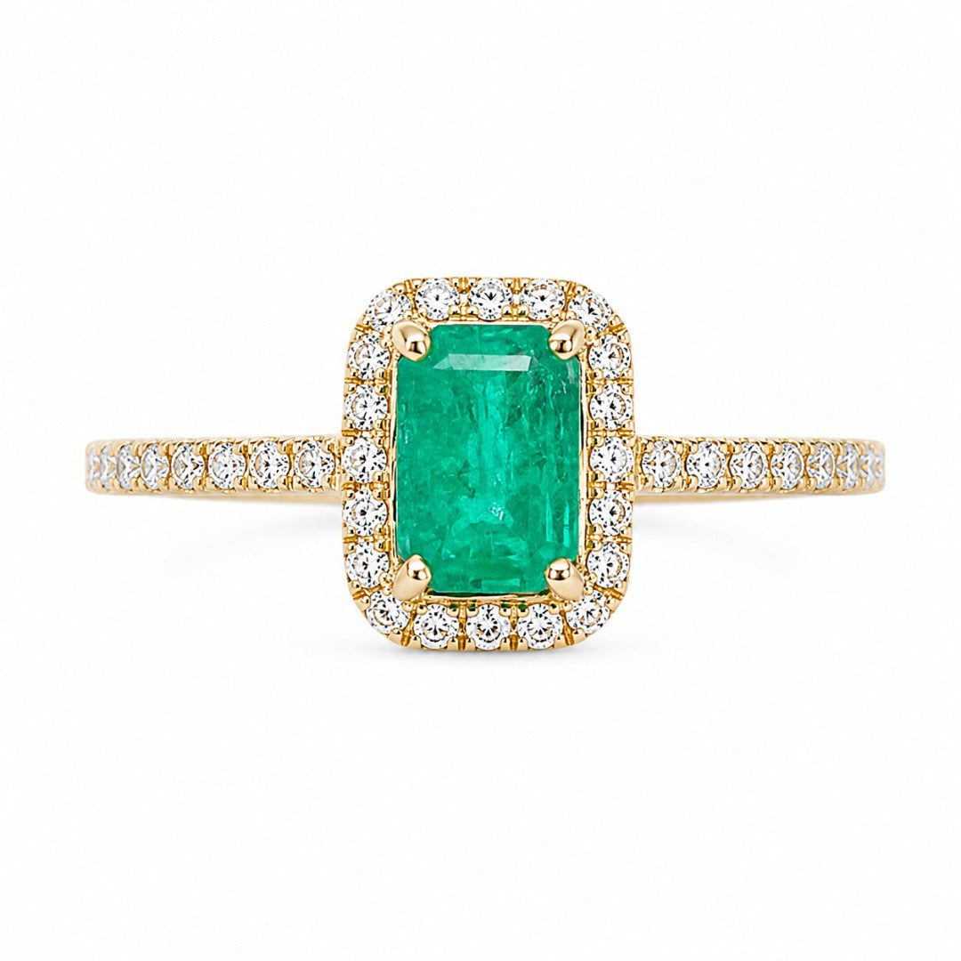 14-karaats geelgouden ring met 4-klauwzetting, natuurlijke smaragd en ronde diamant, 1,22 ct