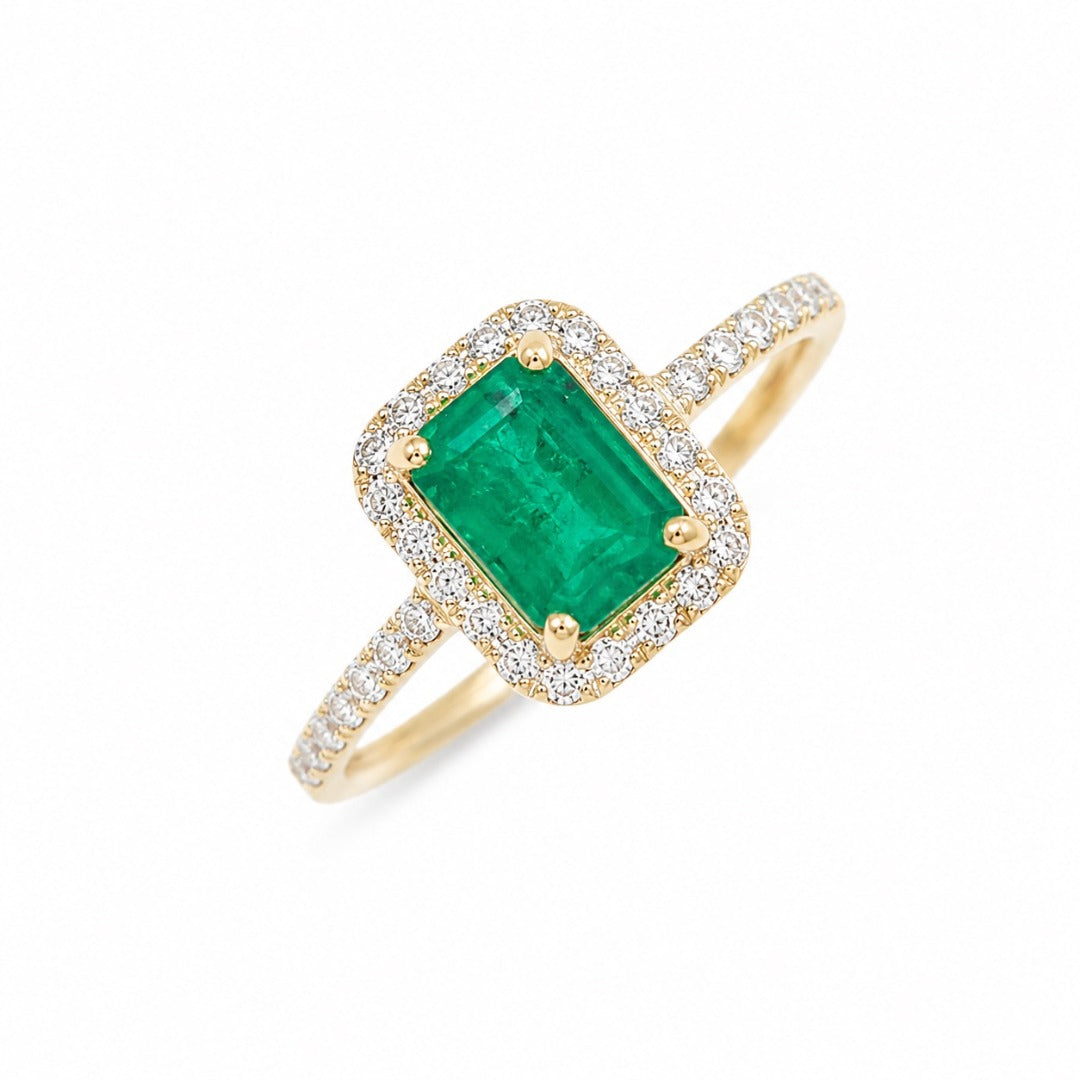14-karaats geelgouden ring met 4-klauwzetting, natuurlijke smaragd en ronde diamant, 1,22 ct